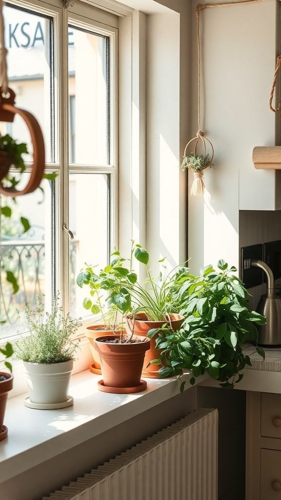 A sunny windowsill filled with potted herbs in a cozy kitchen.