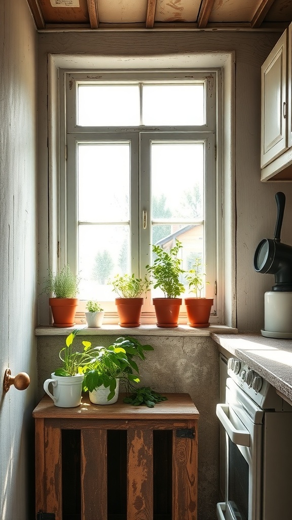 A cozy kitchen windowsill with potted herbs and a wooden crate.