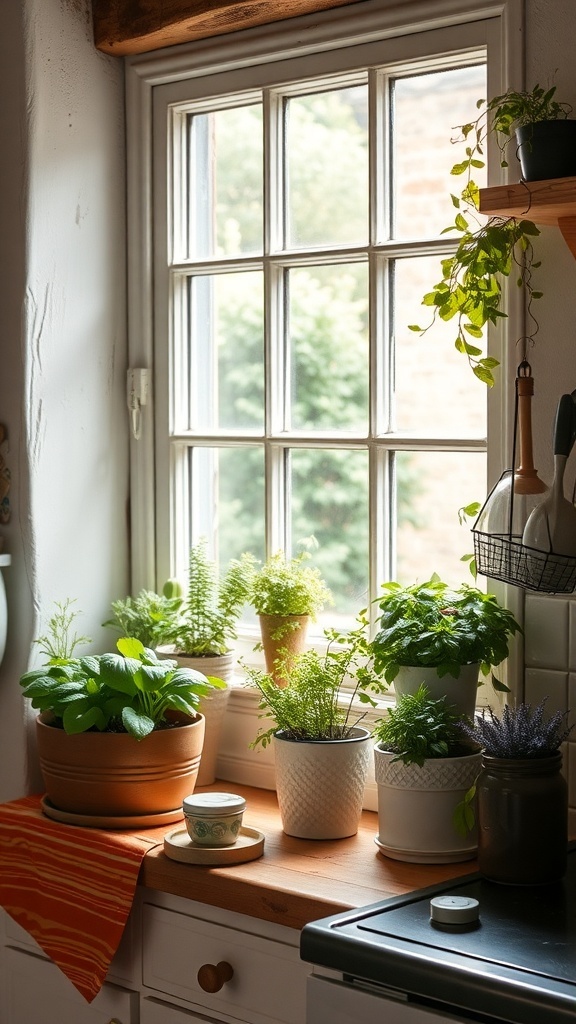 A cozy kitchen windowsill filled with various potted herbs and plants.