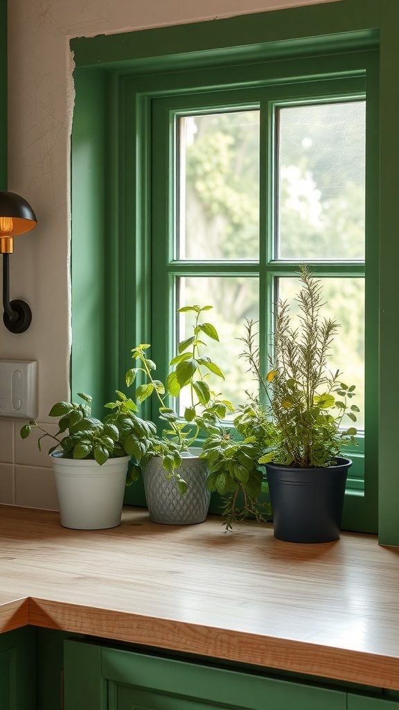Herb garden on a kitchen windowsill with green pots and a wooden countertop.