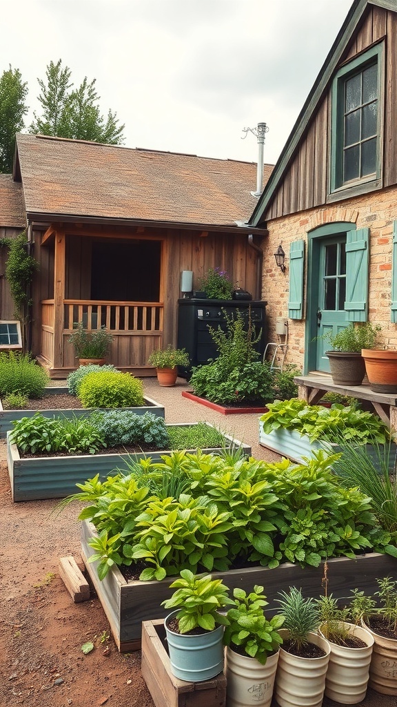 A rustic farmhouse with a vibrant herb and kitchen garden featuring various plants in wooden boxes and pots.