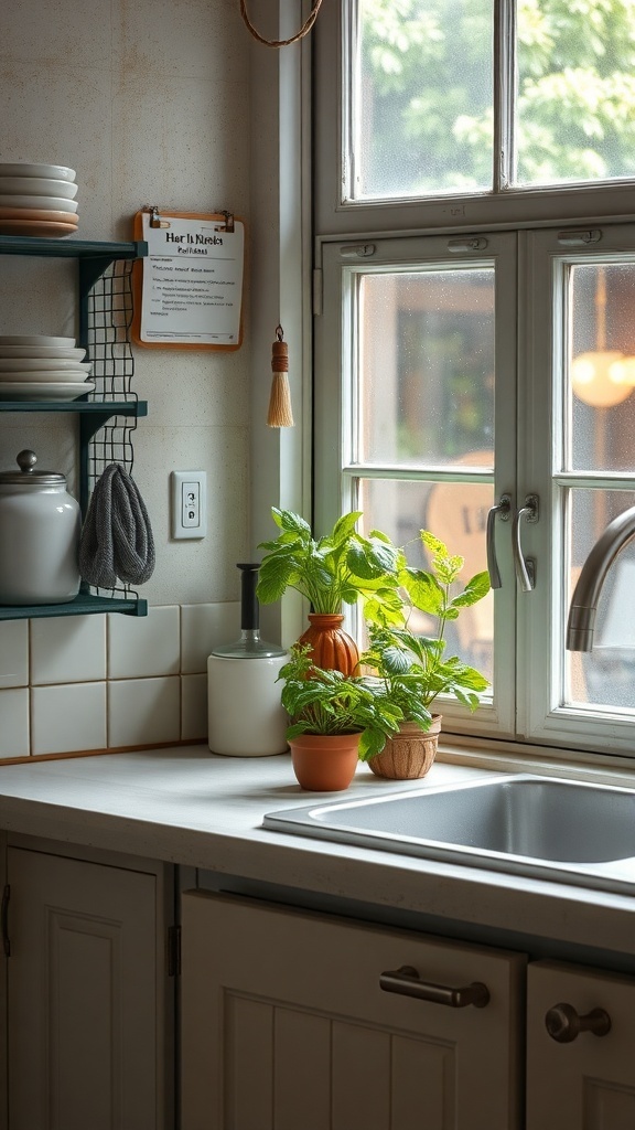 A rustic kitchen with potted herbs on the windowsill, showcasing a cozy and inviting atmosphere.