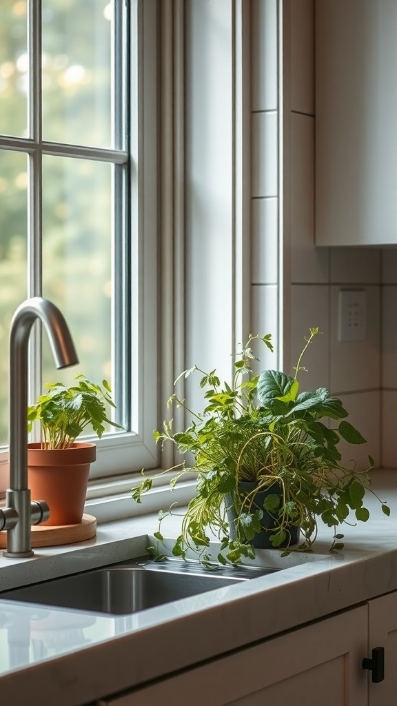 A modern farmhouse kitchen with potted herbs on the windowsill.