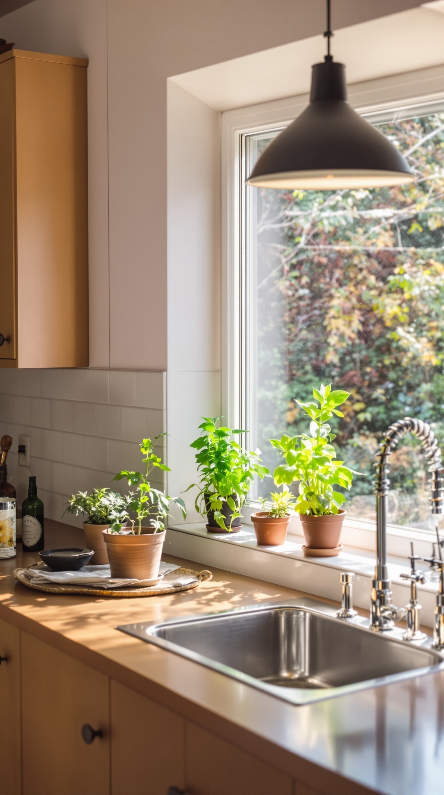 A kitchen countertop with a variety of fresh herbs in terracotta pots, illuminated by sunlight.