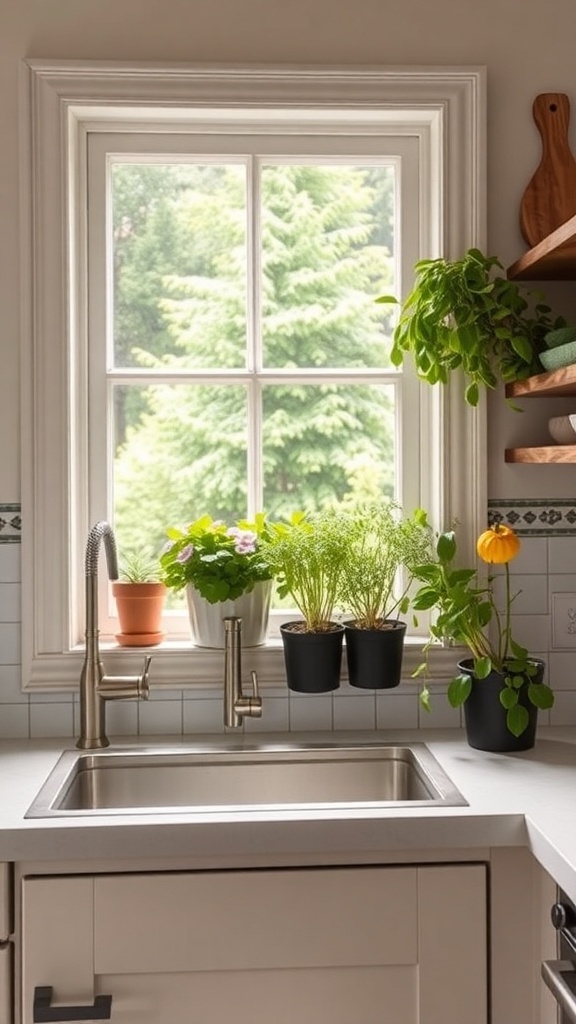 A small farmhouse kitchen window with various herbs in pots, showcasing a cozy and fresh atmosphere.