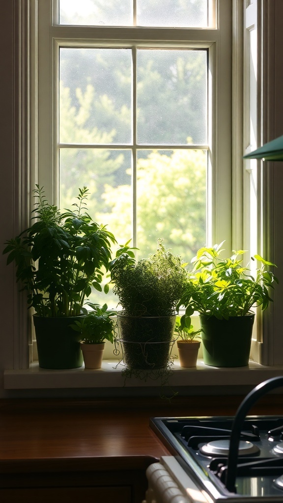 A sunny kitchen window with various potted herbs, including basil and thyme.