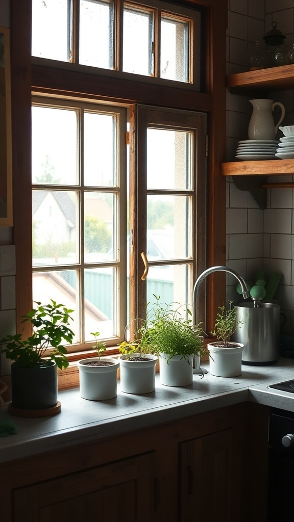 A rustic kitchen with potted herbs on the windowsill.