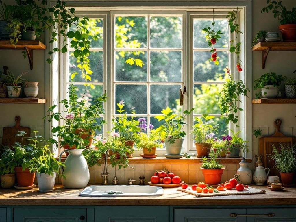 A cozy kitchen window with various potted herbs and tomatoes on the sill, surrounded by sunlight.
