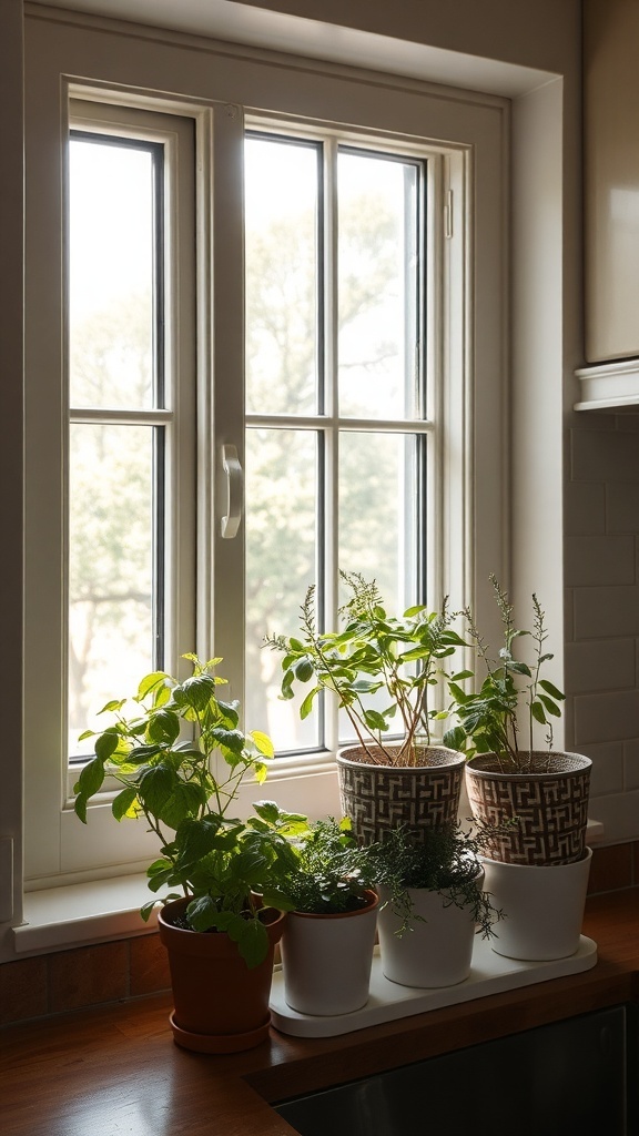 A collection of potted herbs on a kitchen windowsill, basking in natural light.