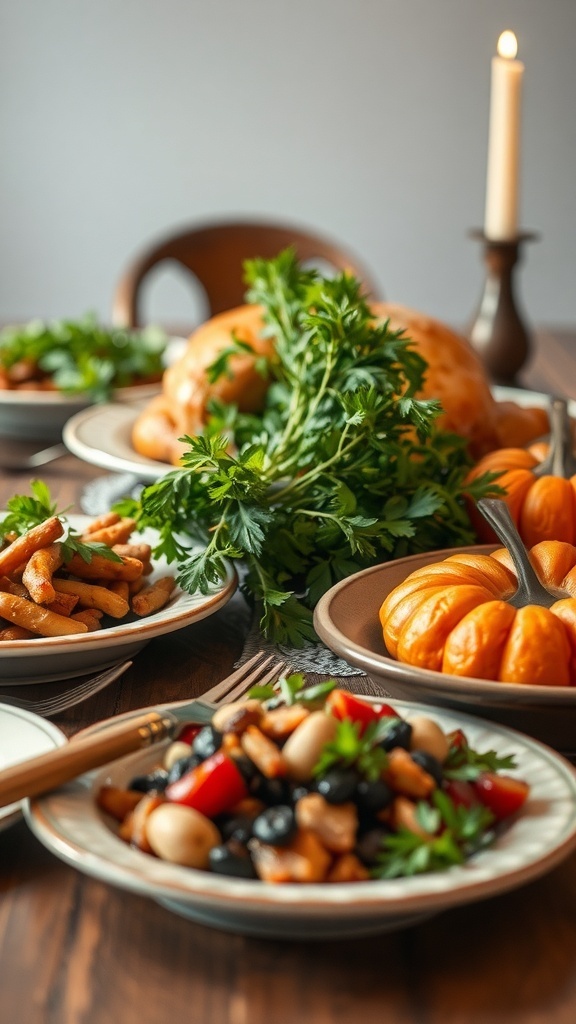 A Thanksgiving table featuring fresh parsley garnishes, roasted vegetables, and mini pumpkins.