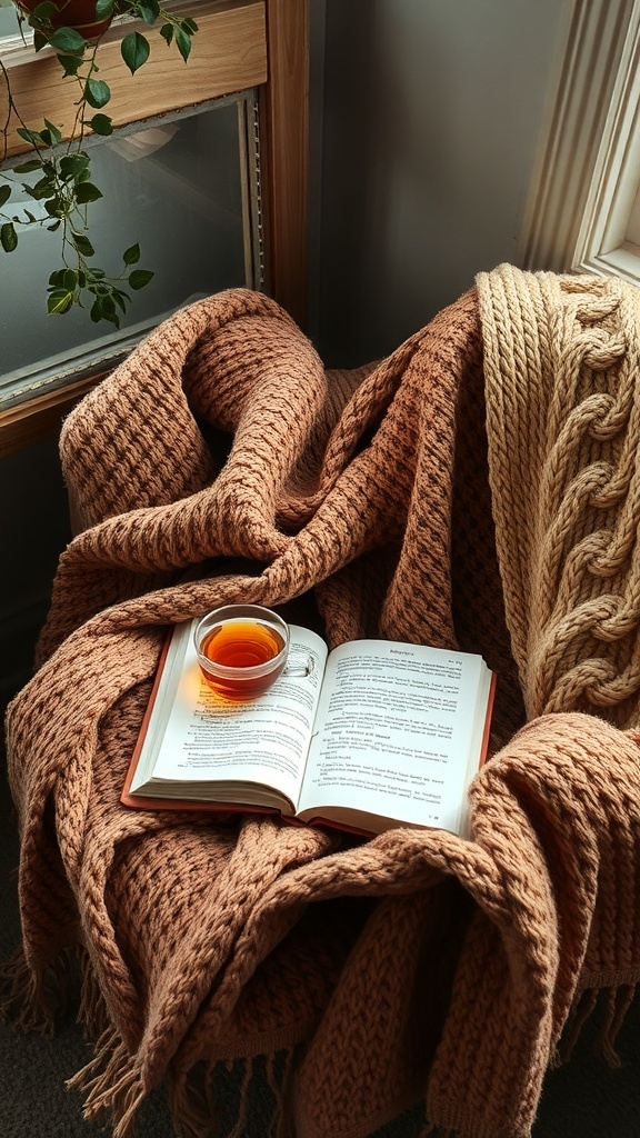 A cozy chair with a knitted blanket, an open book, and a cup of herbal tea.