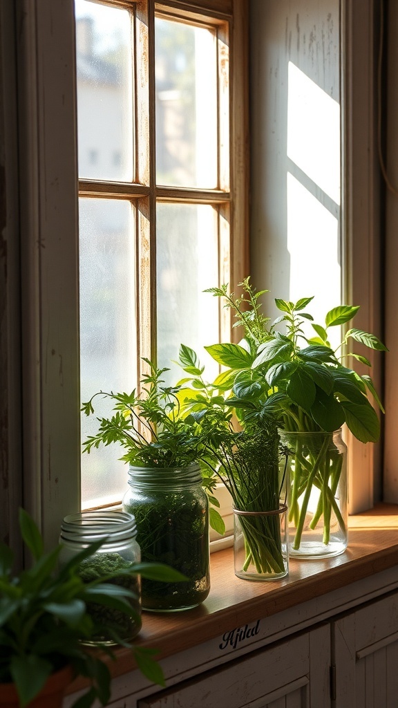 Fresh herbs and greens in jars on a kitchen windowsill