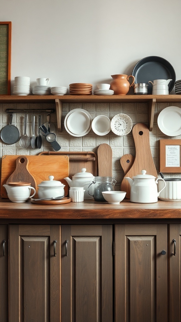 A rustic kitchen shelf displaying vintage kitchenware including white dishes, wooden cutting boards, and a copper pot.