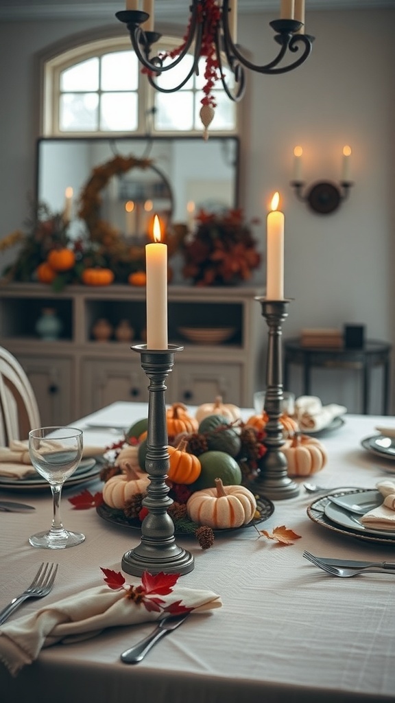 A beautifully set dining table featuring silver candle holders, pumpkins, and autumn leaves.