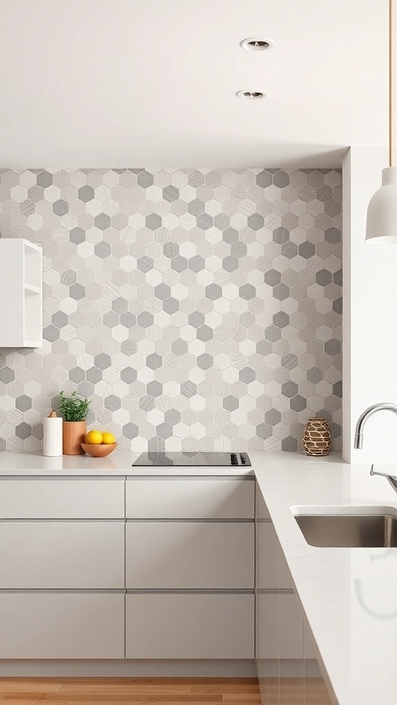 Modern farmhouse kitchen with a hexagonal tile backsplash in shades of gray.