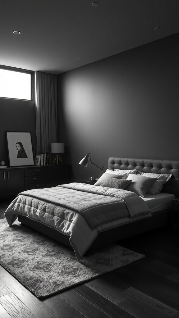 A cozy dark bedroom featuring a neatly made bed, a stylish rug, and subtle lighting.