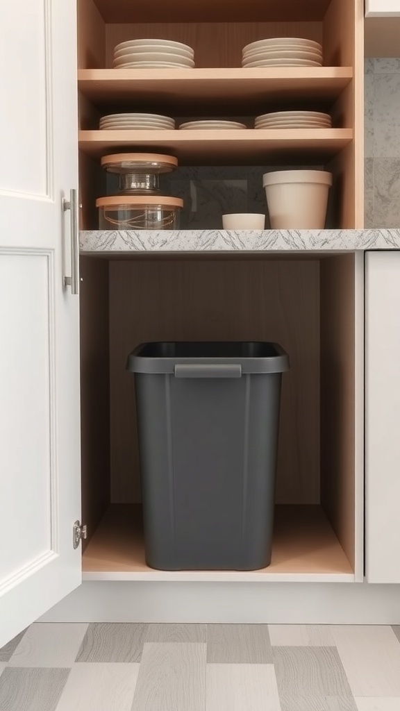 A kitchen cabinet with a hidden trash can and neatly arranged plates and containers.