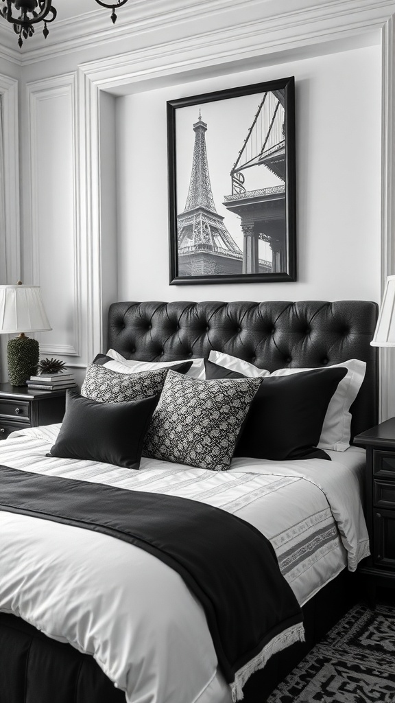 A luxurious black and white bedroom featuring elegant bedding and decor.