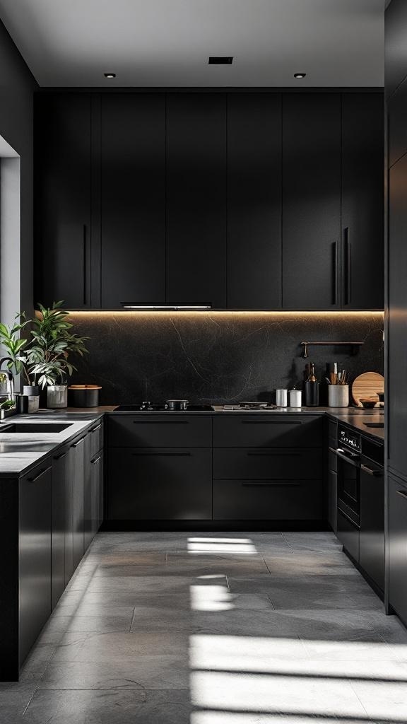 Modern kitchen with black cabinets and gray flooring, featuring under-cabinet lighting and a plant.