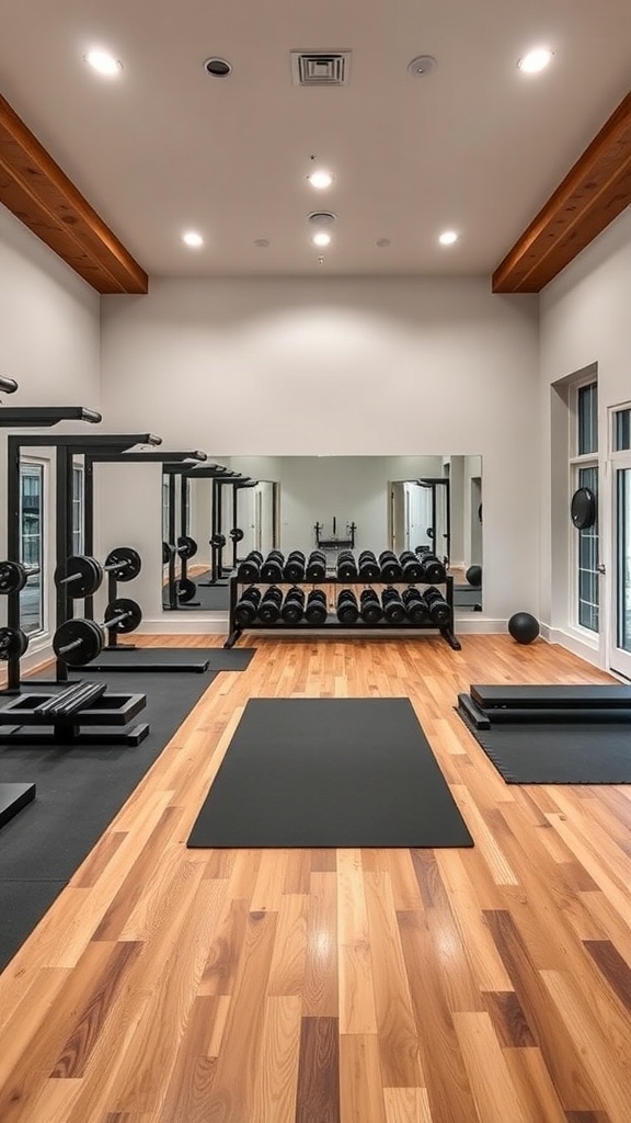 A luxury home gym featuring hardwood and rubber flooring, with weights and exercise mats.