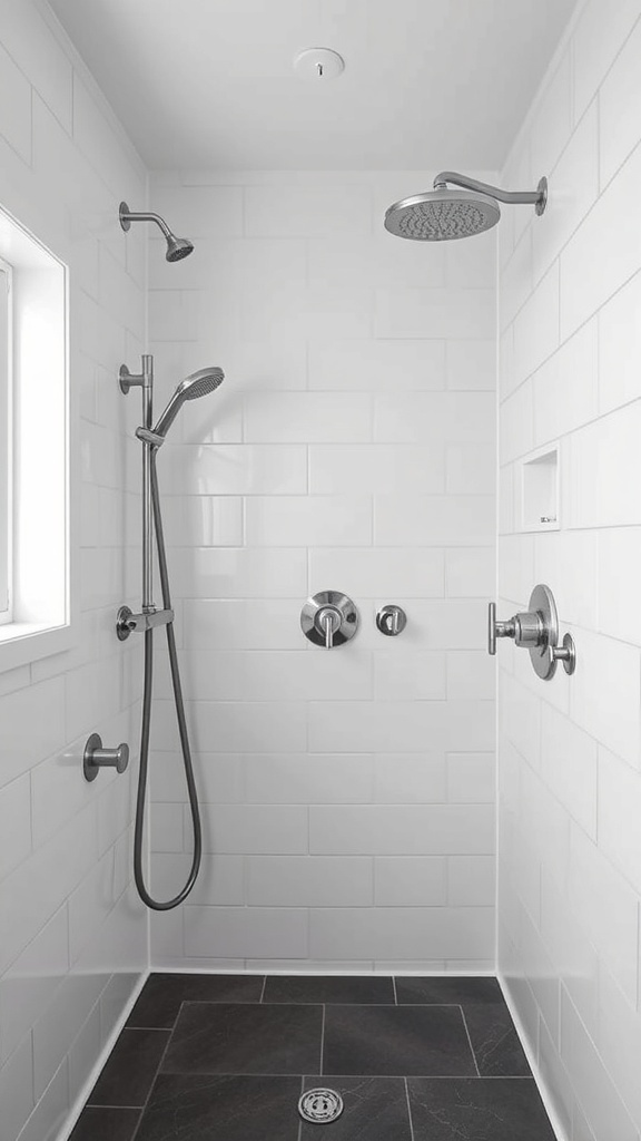 A modern farmhouse master bath shower with high-end fixtures.