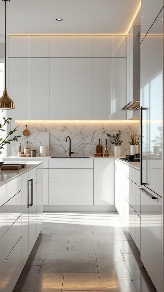 Modern kitchen with high-gloss white cabinets and marble backsplash