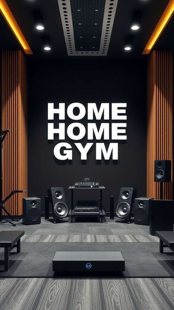 A modern home gym featuring a high-quality sound system with speakers and a sleek design.