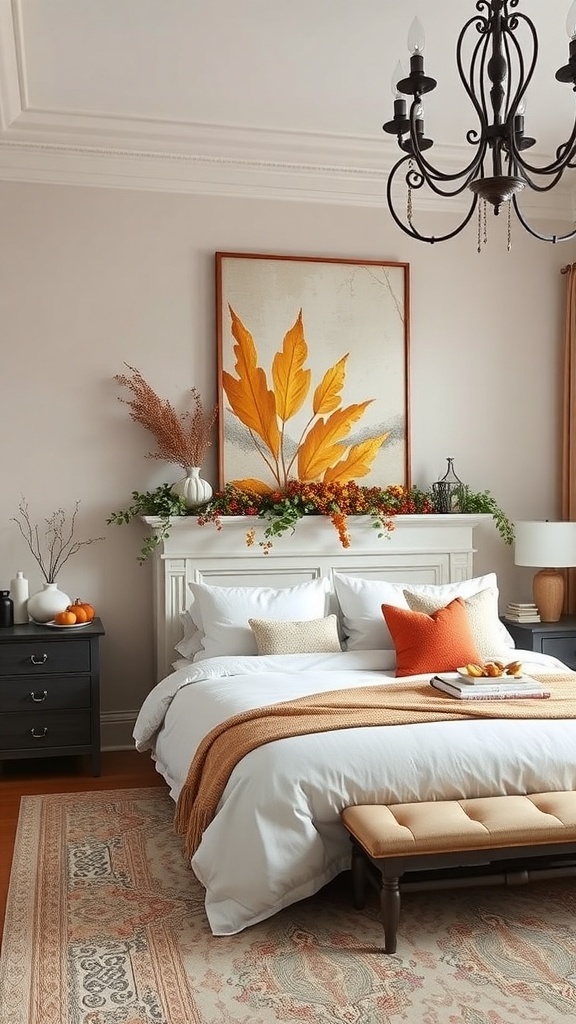 A cozy fall-themed bedroom featuring a large artwork of orange leaves above the bed, complemented by seasonal decor and warm lighting.