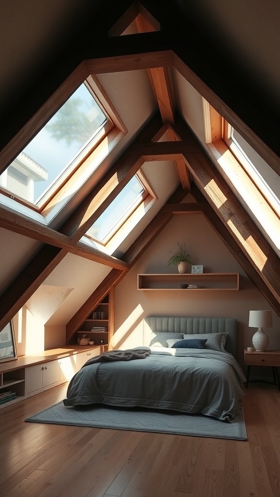 A cozy loft bedroom with sloped ceilings, wooden beams, and skylights, featuring a bed and built-in storage.