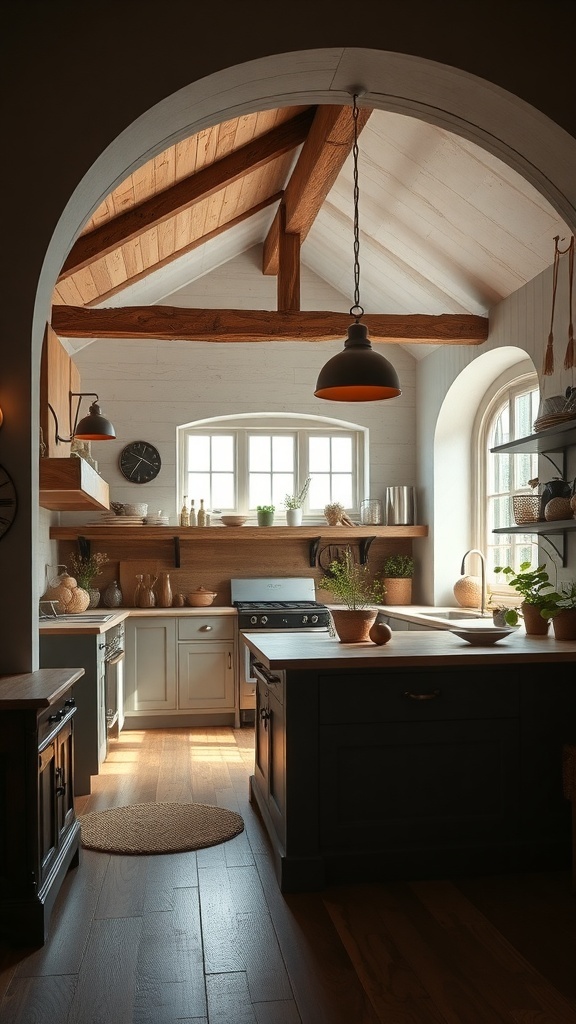A farmhouse kitchen with wooden beams and pendant lighting.