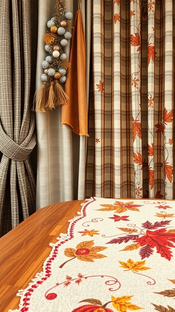 A cozy fall room decor featuring curtains with autumn leaves and plaid patterns, a decorative table runner with leaves, and a garland.