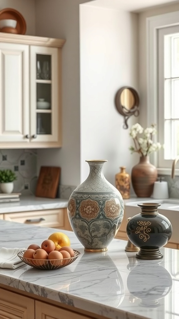 A kitchen countertop featuring decorative vases and a bowl of fruit.