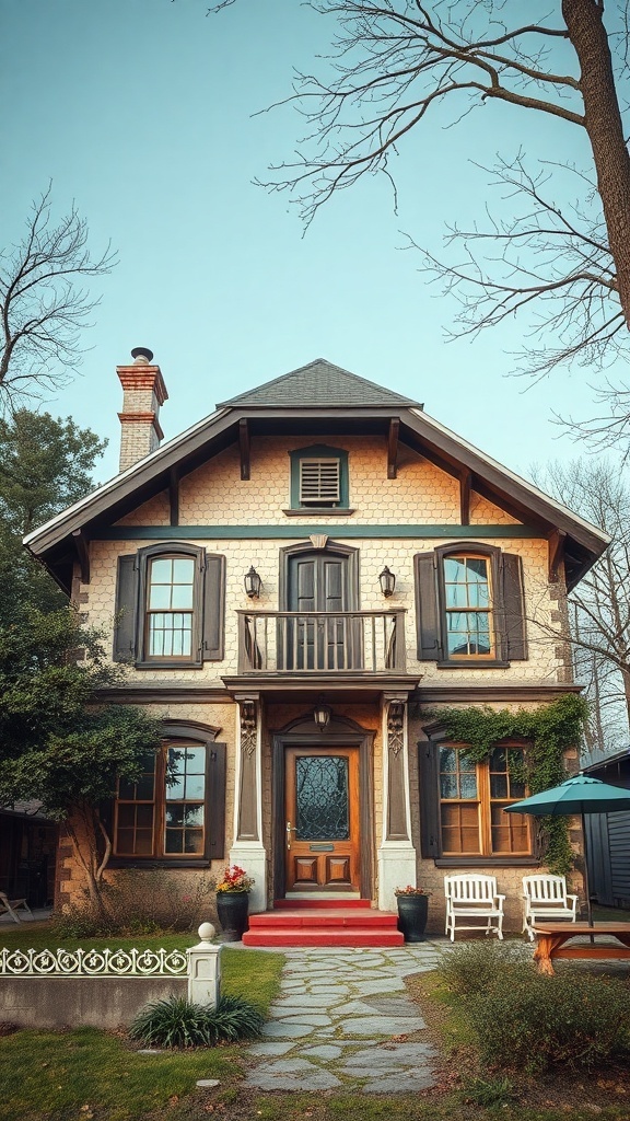A rustic house with a charming facade and inviting entrance.