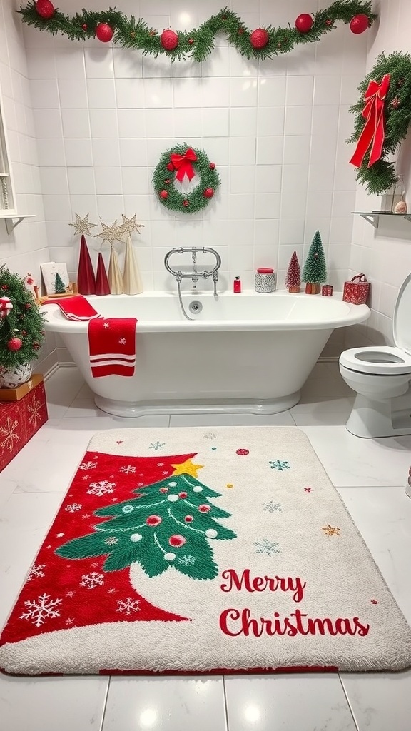 A Christmas-themed bathroom rug with a tree and 'Merry Christmas' text, surrounded by festive decorations.