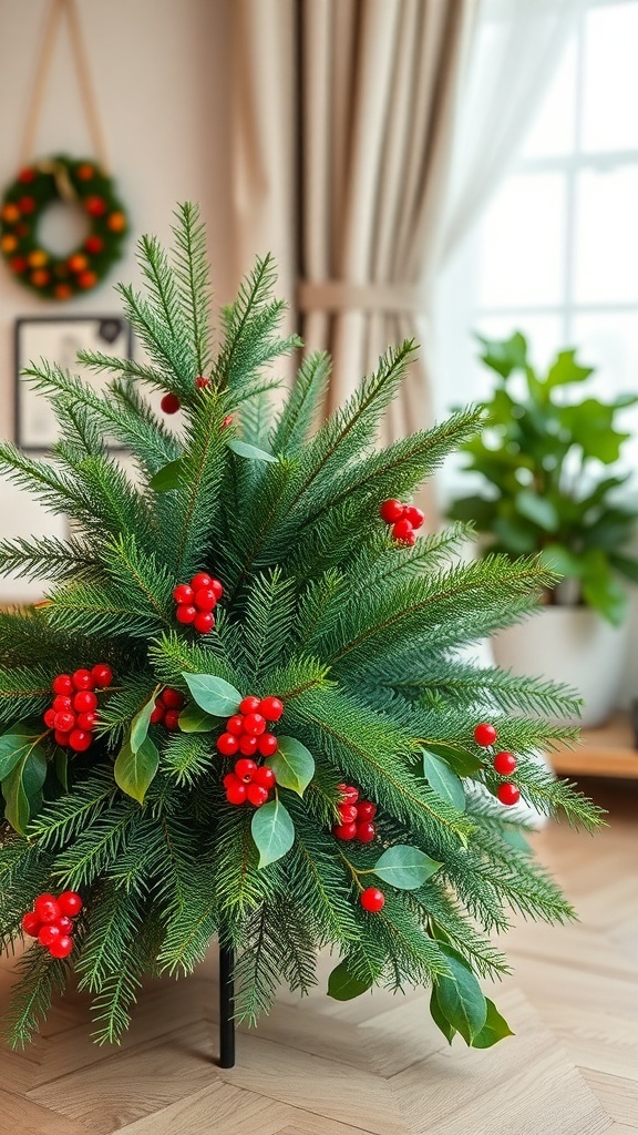 A festive greenery arrangement featuring evergreen branches and red berries in a cozy apartment setting.