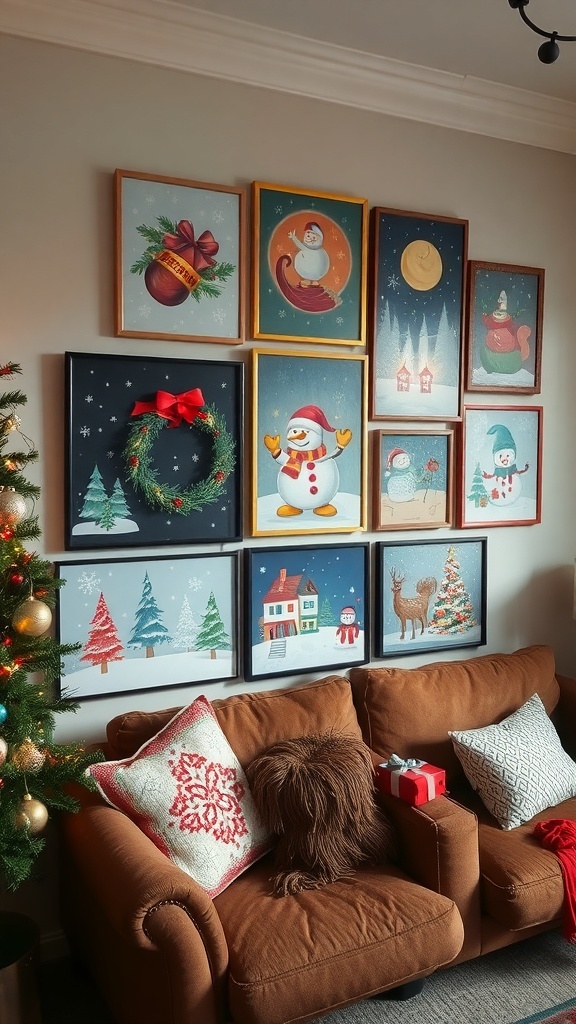 Cozy Christmas decor featuring holiday-themed artwork on the wall and a decorated tree.