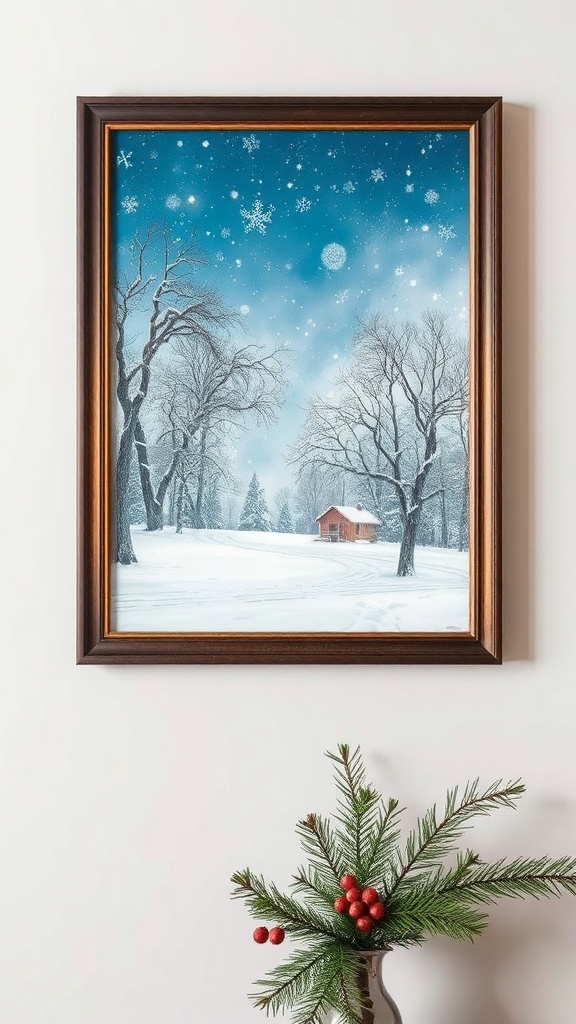 A framed winter landscape artwork featuring a snow-covered scene with a cabin and starry sky, accompanied by a decorative plant with red berries.