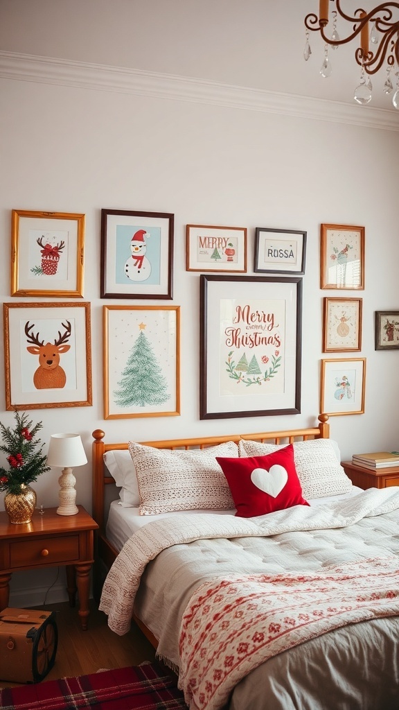 A cozy bedroom decorated with holiday-themed artwork on the wall, featuring framed prints of snowmen, reindeer, and Christmas trees.
