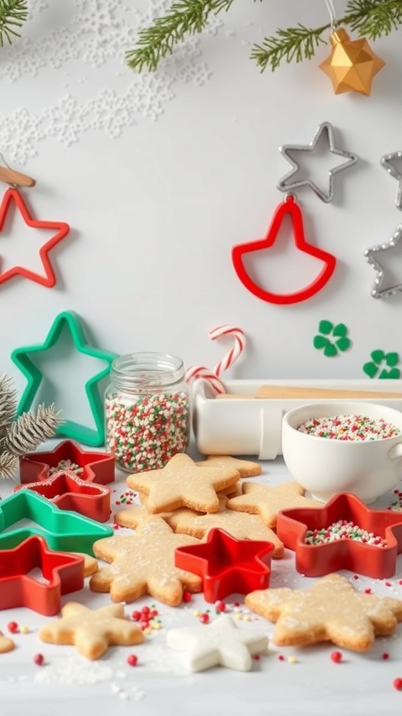 A festive baking station with star-shaped cookies, colorful sprinkles, and holiday-themed cookie cutters.