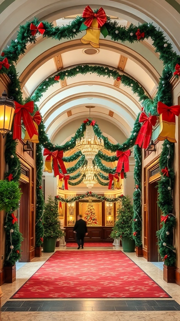 A beautifully decorated indoor archway with Christmas garlands, bows, and a chandelier.