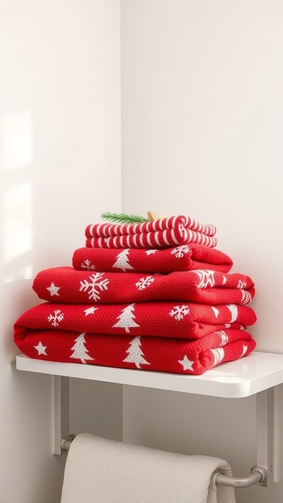 Stack of red holiday-themed bath towels with snowflakes and Christmas trees