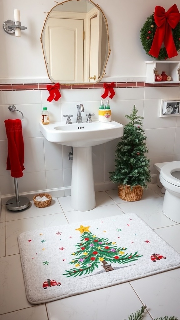 A festive bathroom with a holiday-themed bath mat featuring a Christmas tree design.