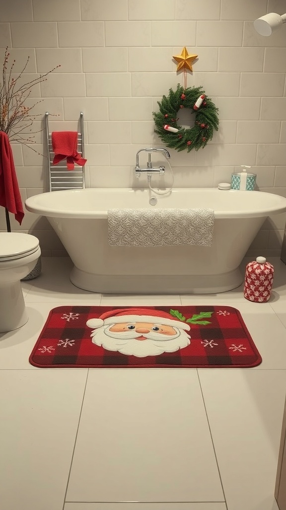 A Christmas-themed bath mat featuring a Santa face in a festive bathroom setting.