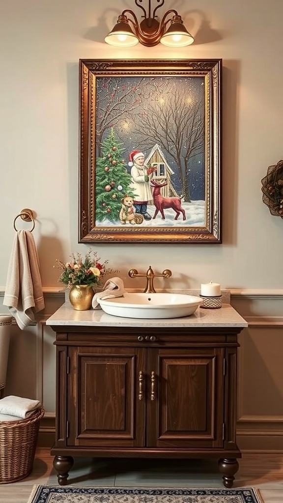 A framed holiday-themed art piece with the text 'Herry malircy Holidays' displayed above a bathroom sink.