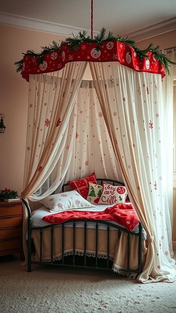 A beautifully decorated bed canopy with holiday-themed fabric and pillows.