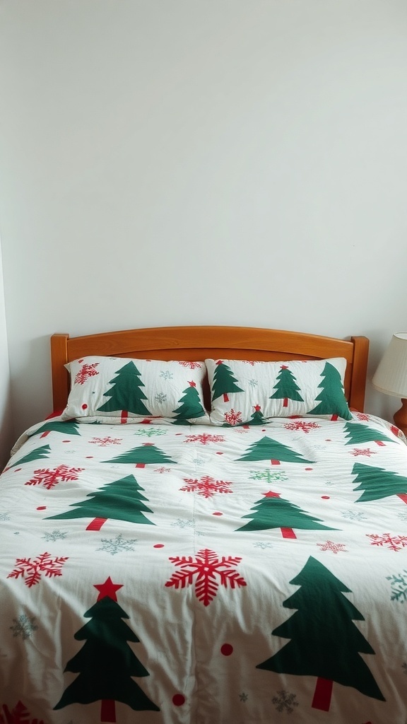 A bed with a holiday-themed bedspread featuring Christmas trees and snowflakes.