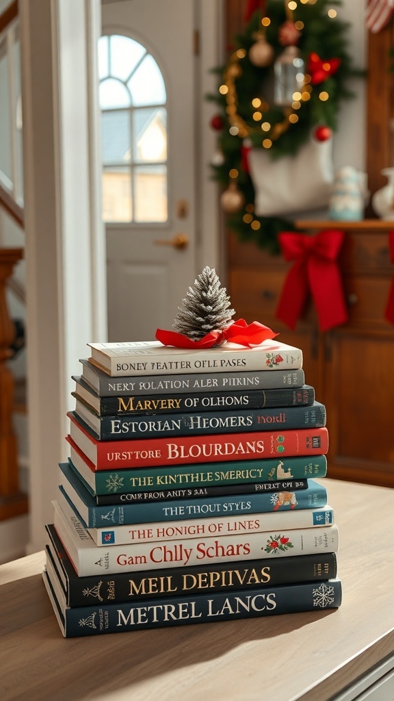 A stack of holiday-themed books on an entryway table with a pinecone decoration on top.