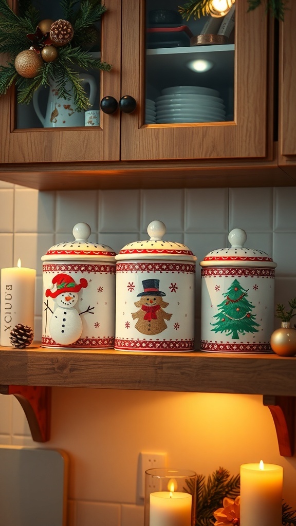 A set of holiday-themed canisters featuring a snowman, a Christmas tree, and festive decorations.