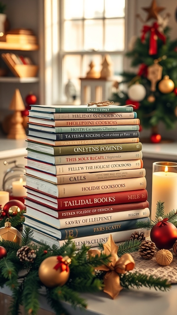 A stack of colorful holiday-themed cookbooks on a countertop, decorated with festive ornaments.