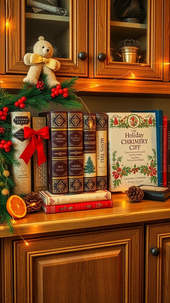 A kitchen cabinet decorated with holiday-themed cookbooks and festive greenery.